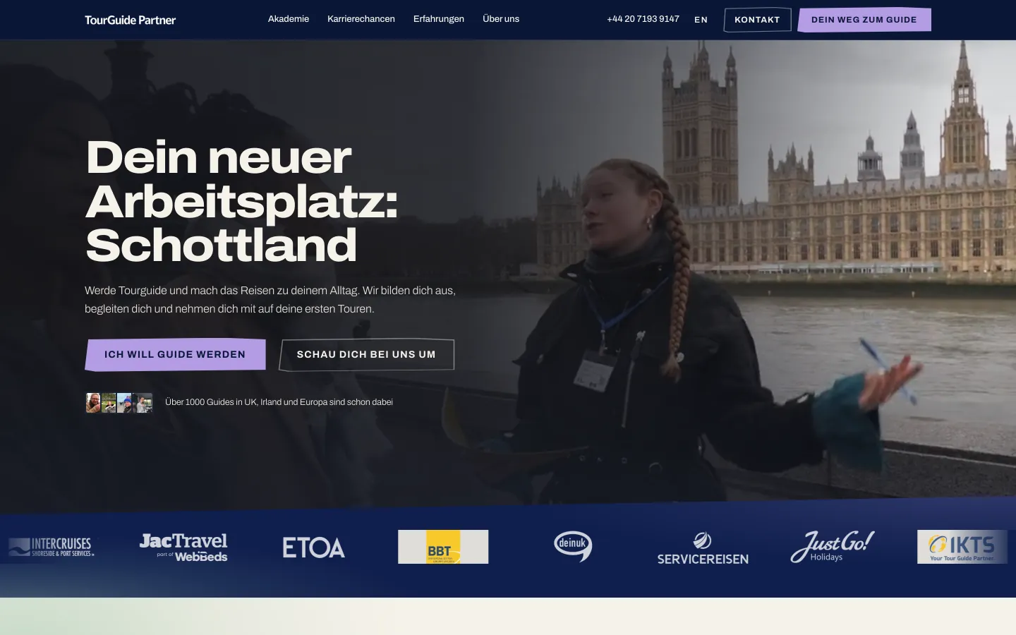 Startseite von Tour Guide Partner am Desktop